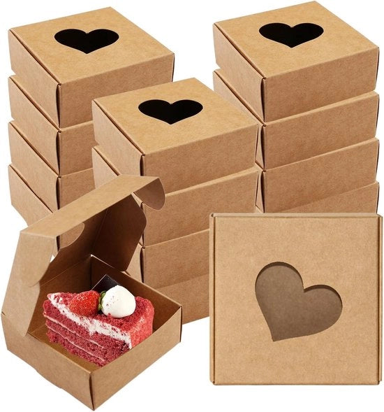 30 confezioni marroni di regalo con finestra a forma di cuore, 7,5x7,5x3cm - ideali per biscotti, cioccolato, cupcake e gioielli - confezione in cartone Kraft