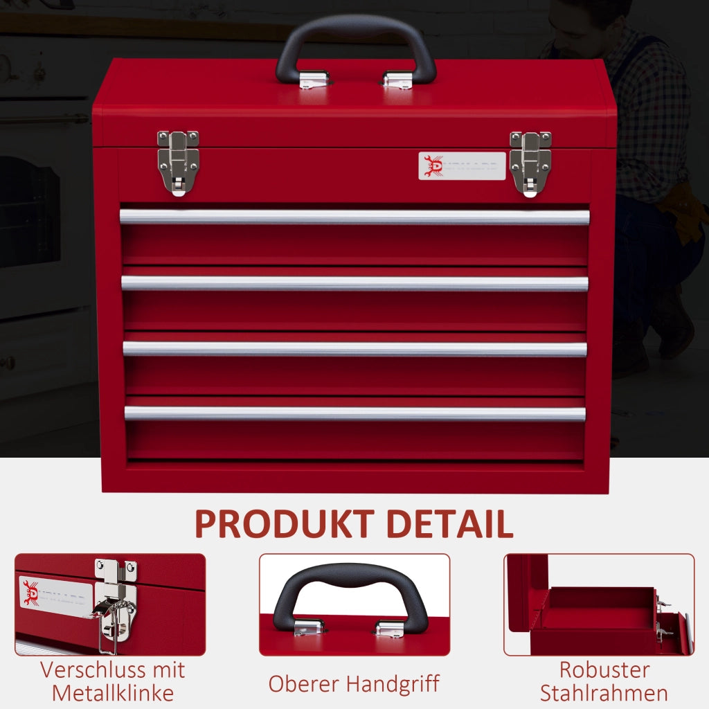 CASSETTA PORTA ATTREZZI 51 x 22 x 39,5 cm Rossa in acciaio con 4 cassetti