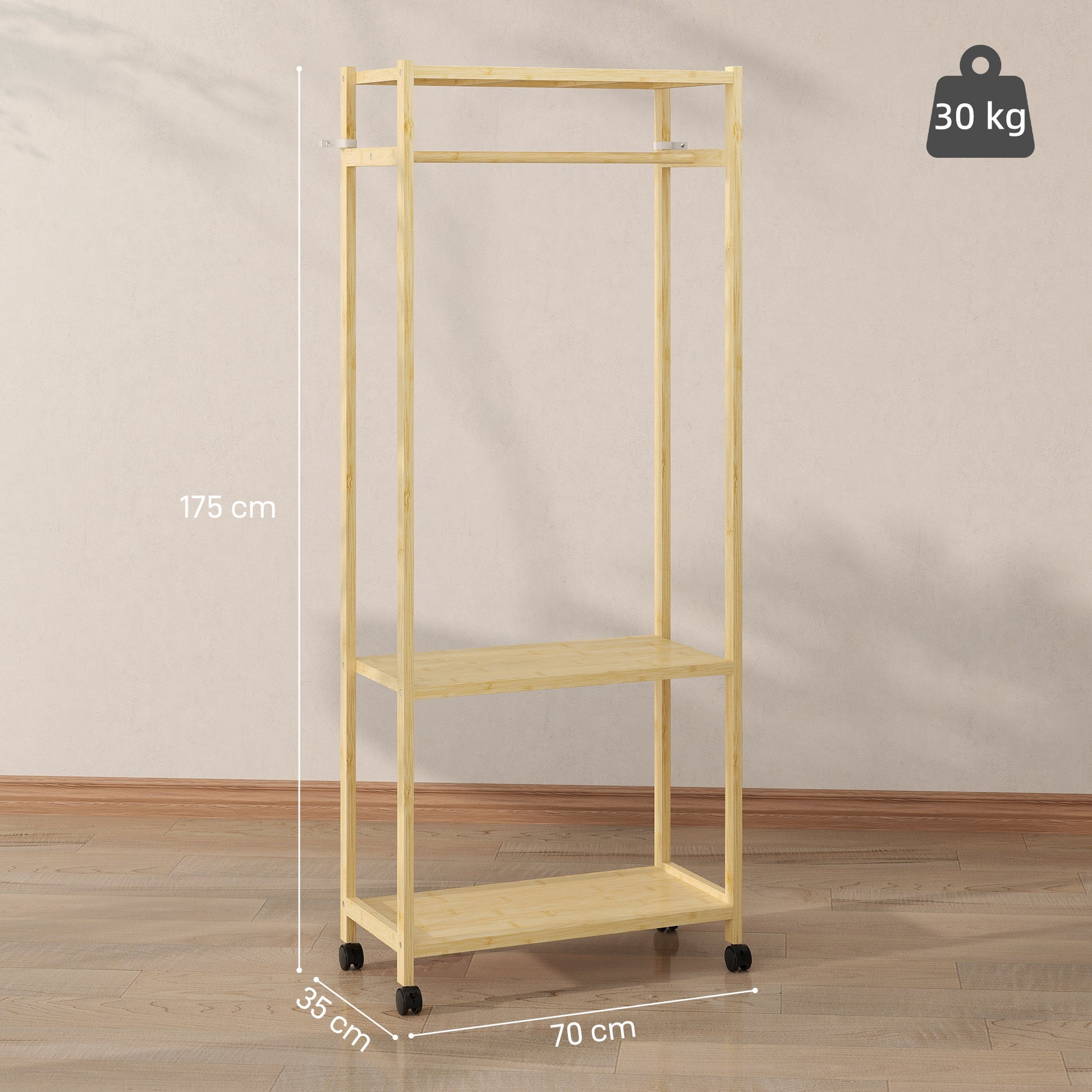 Stand Appendiabiti da Terra 70x35x175 cm con Barra Ripiani e 4 Ruote in Bambù Legno Naturale