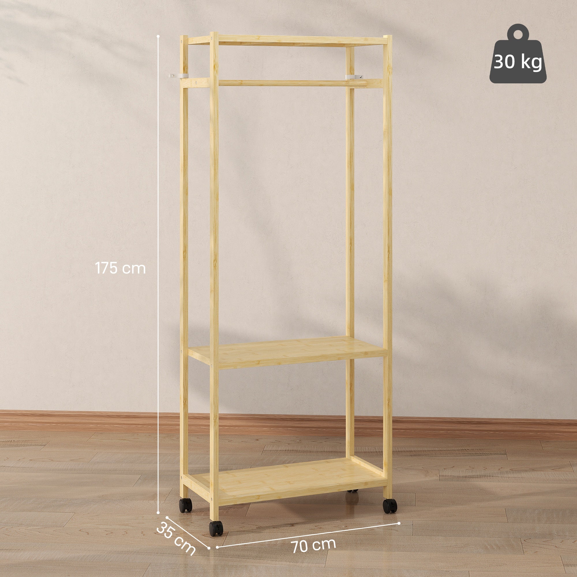 Stand Appendiabiti da Terra 70x35x175 cm con Barra Ripiani e 4 Ruote in Bambù Legno Naturale