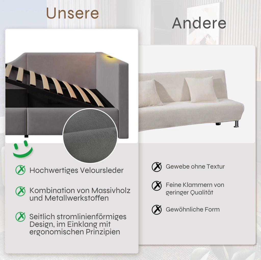 Divano letto daybed 90x190 cm in velluto grigio con contenitore; lampada da lettura e USB-C
