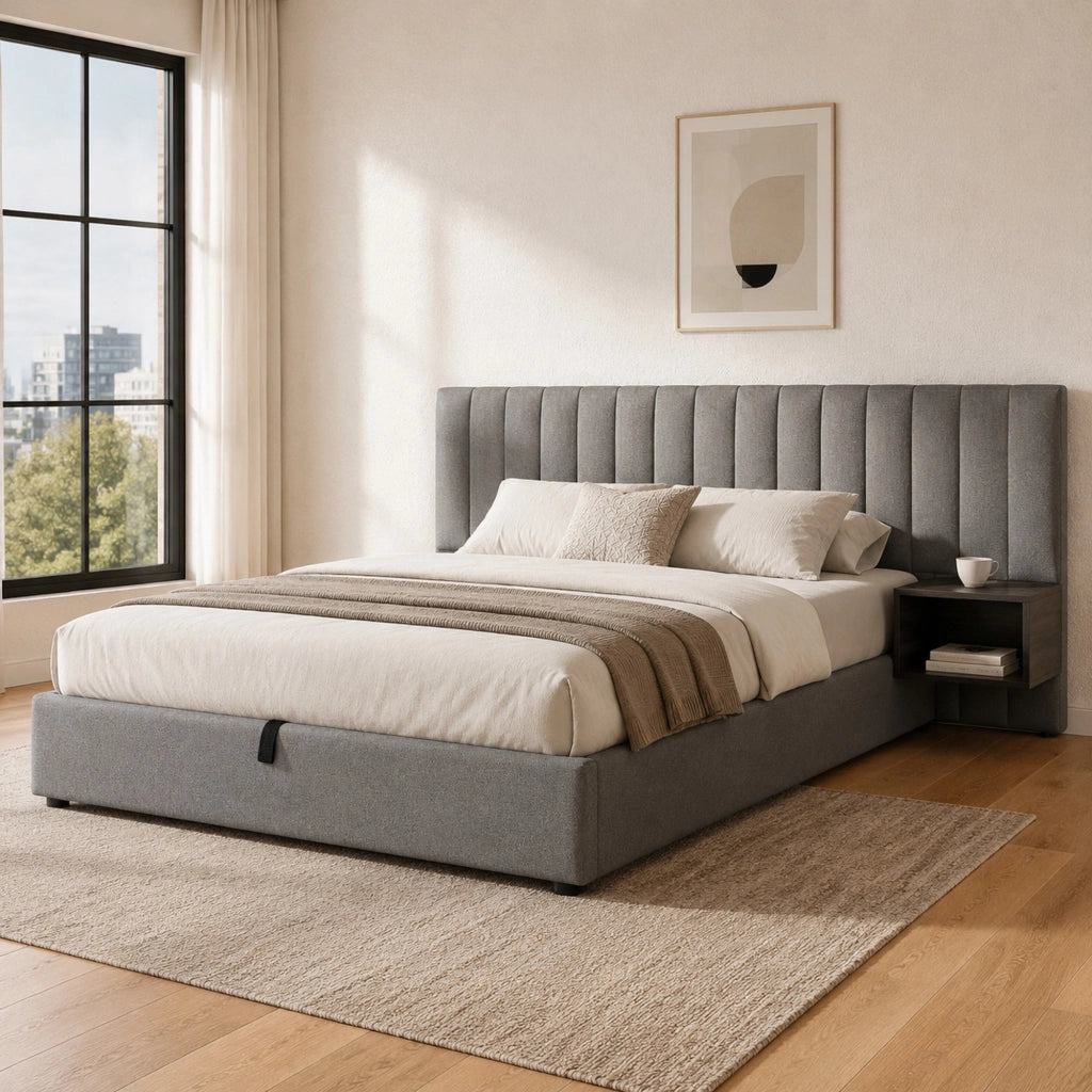Letto matrimoniale 160x200 cm con contenitore idraulico e 2 comodini; in lino grigio e nero