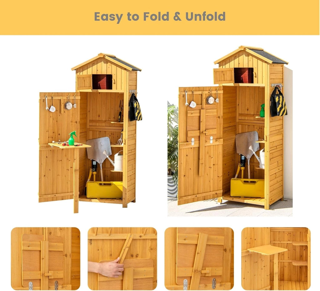 Casetta da Giardino in legno, Capanno per Attrezzi Multifunzione, Armadietto da Giardino con Tetto a 2 Falde, Scaffale, Tavolo Pieghevole, 65 x 42 x 180,5 cm, Colore Naturale