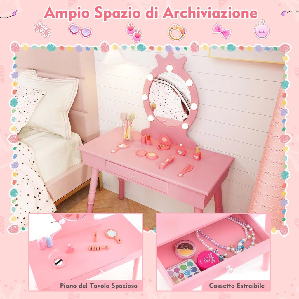 Set Toeletta Trucco per Bambina con Sgabello, Specchiera Trucco Staccabile con Luci LED a 3 Colori, Postazione Trucco Giocattolo con Cassetto e Accessori, per Bambine di 3-7 Anni (Rosa)