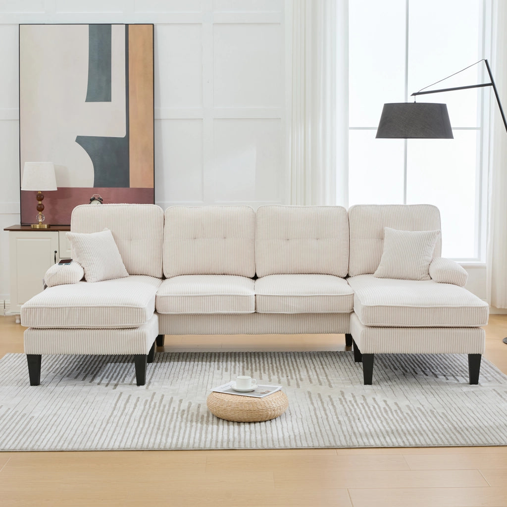 DIVANO A U 4 POSTI 250x130x88 cm in lino beige con 2 chaise longue
