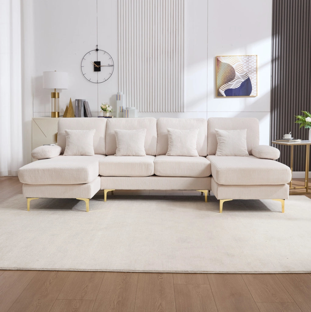 Divano a U 265x135x88 cm con illuminazione LED e porta USB in velluto beige