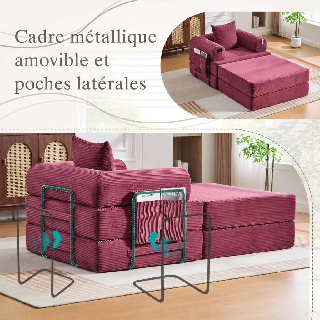 Divano modulare in velluto a coste con cuscino e tasca laterale ergonomico, rosso vino 112 × 190 × 67 cm