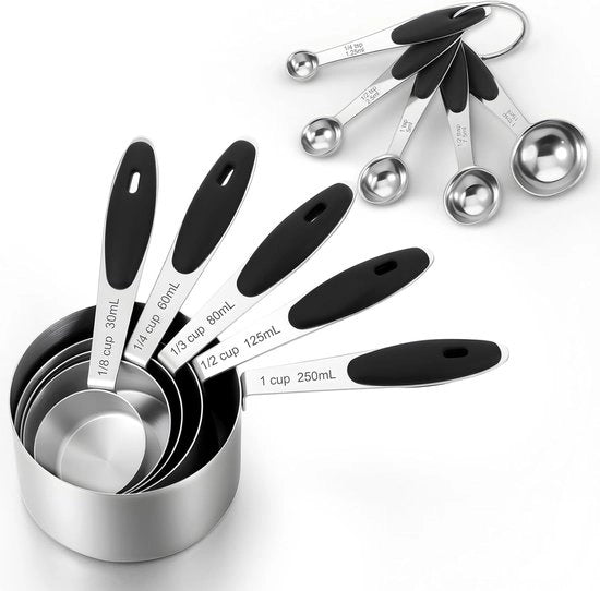 Set di 10 pezzi di misuratori e cucchiai in acciaio inossidabile - Misuratori - Acciaio inossidabile di alta qualità (AISI) - Set di cucchiai e misuratori - con quantità esatte - per ingredienti secchi e liquidi per cucinare e cuocere.