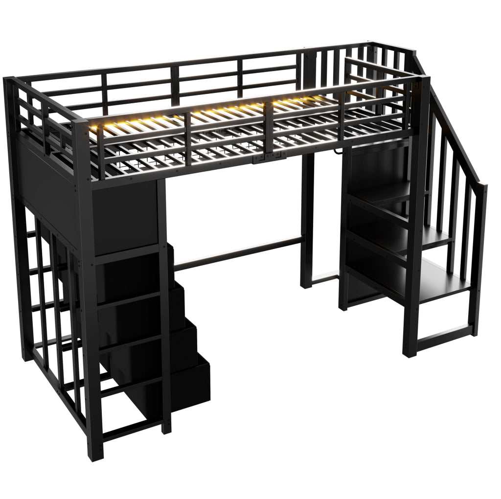 Letto a soppalco 90x200 cm con 8 cassetti, LED e scala con armadio nero