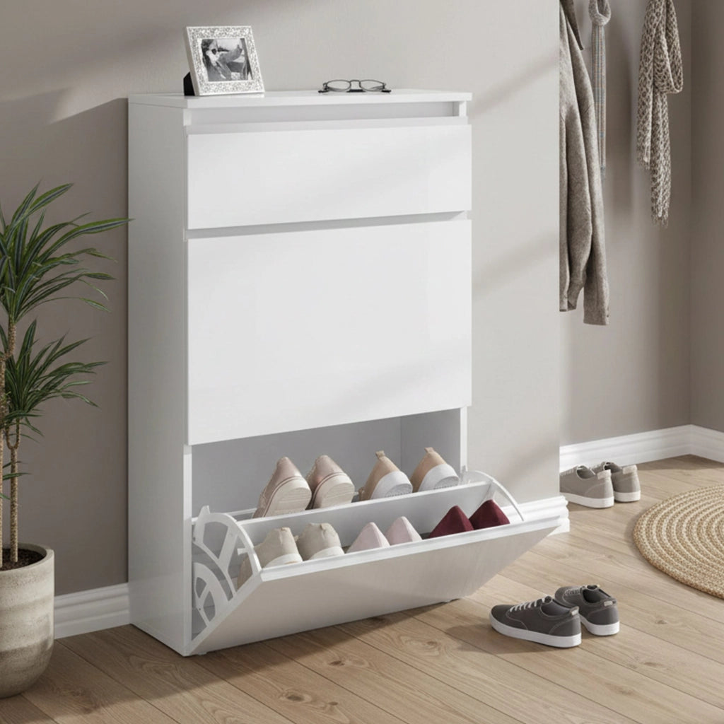 Mobile Portascarpe Alejandra, Scarpiera 12 Paia Made in Italy, 60x27x108h cm Bianco Lucido