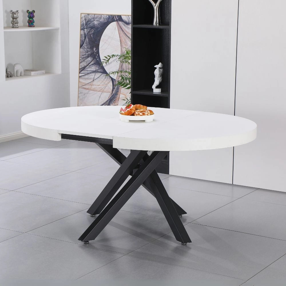 Tavolo rotondo allungabile Raven con piano bianco opaco e gambe shangai nero 120x120x75H