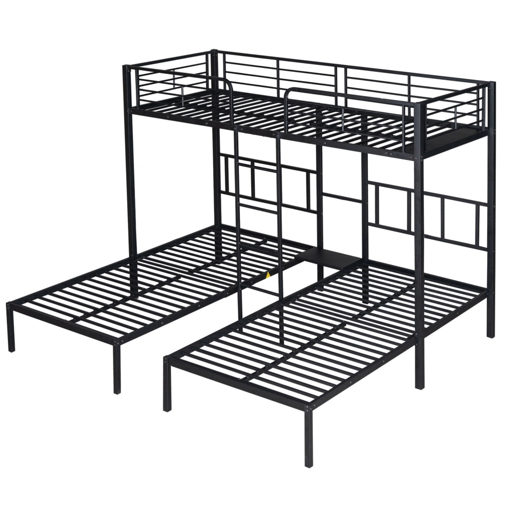 Letto a castello triplo in metallo con scala e tavolo; nero; per materassi 90x200 cm