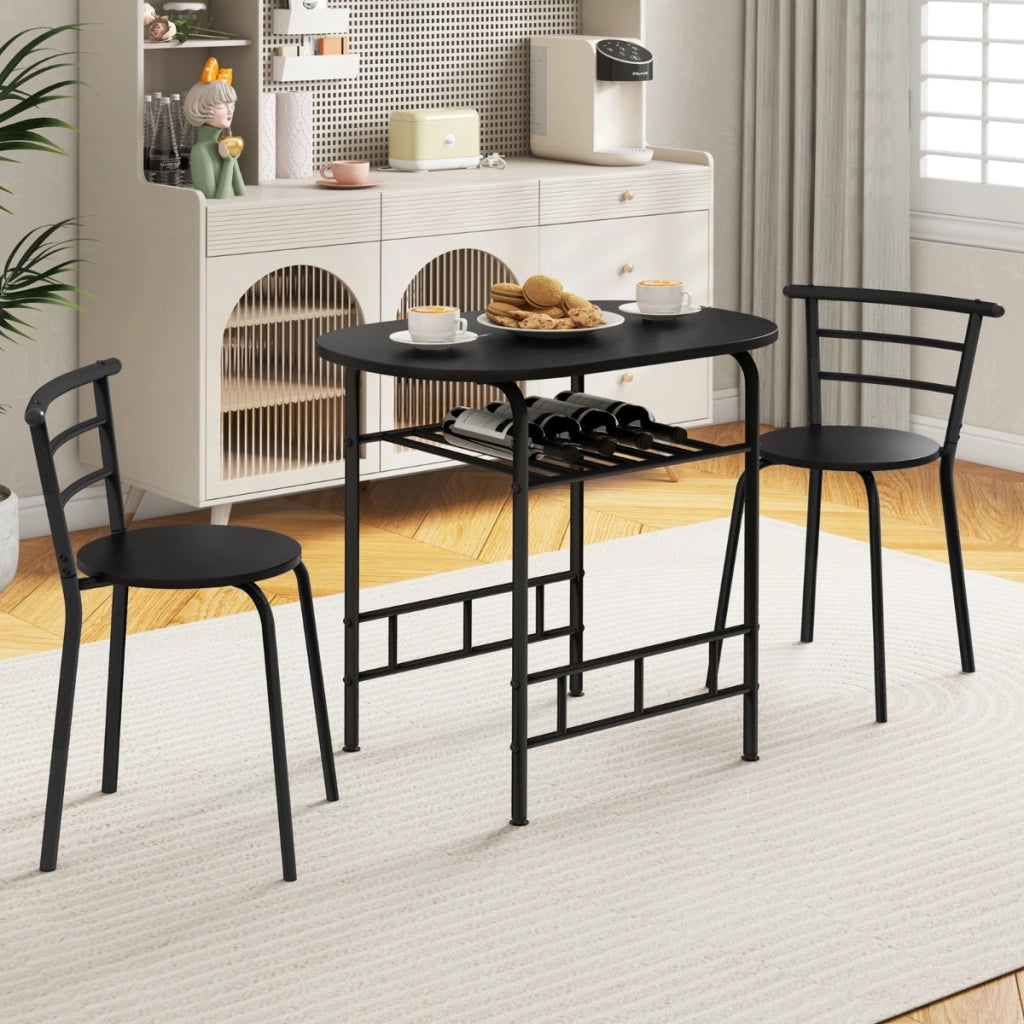Set da tavolo da pranzo 3 pezzi con piano in grano di legno telaio in metallo, Set di mobili salvaspazio Nero-Tavoli e sedie da pranzo