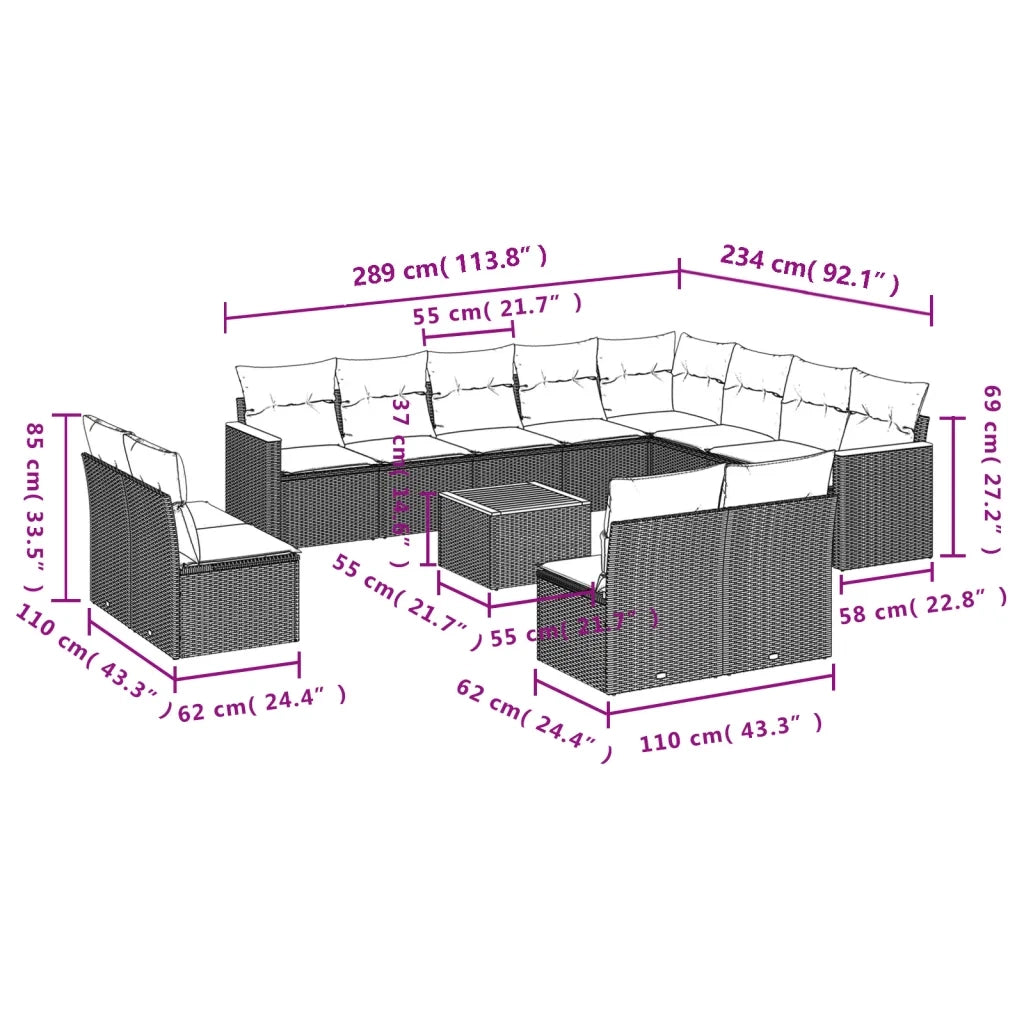 Set Divani da Giardino 13pz con Cuscini Nero in Polyrattan 3226476