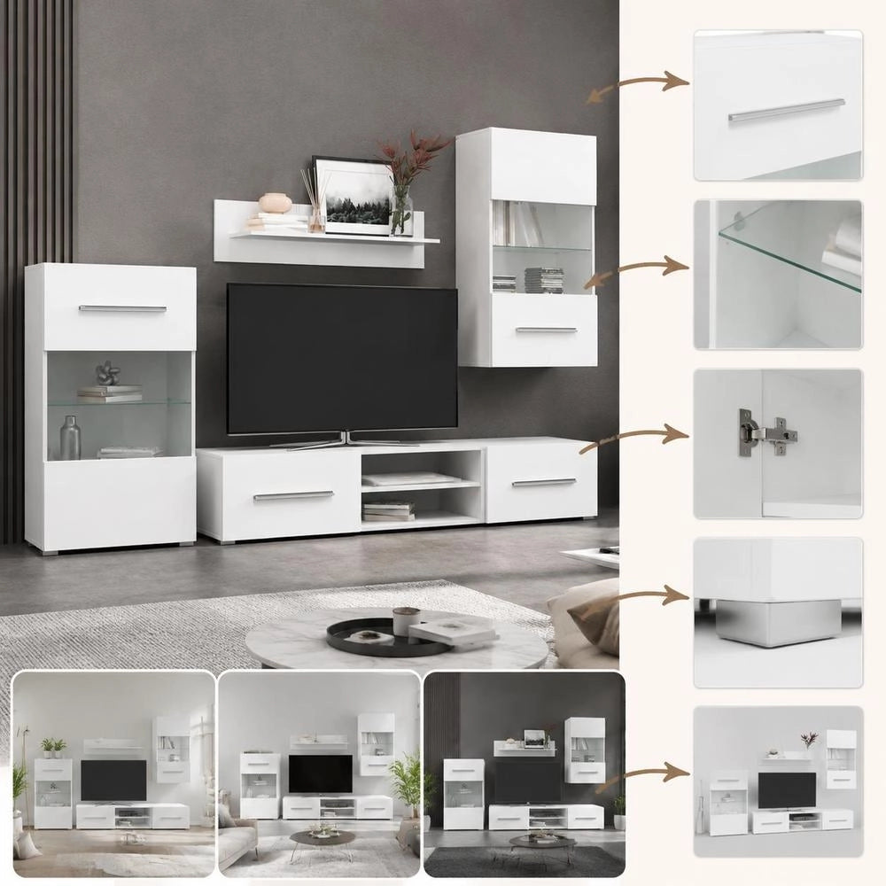 Five-piece Wall Unit TV Cabinet With LED Lighting White