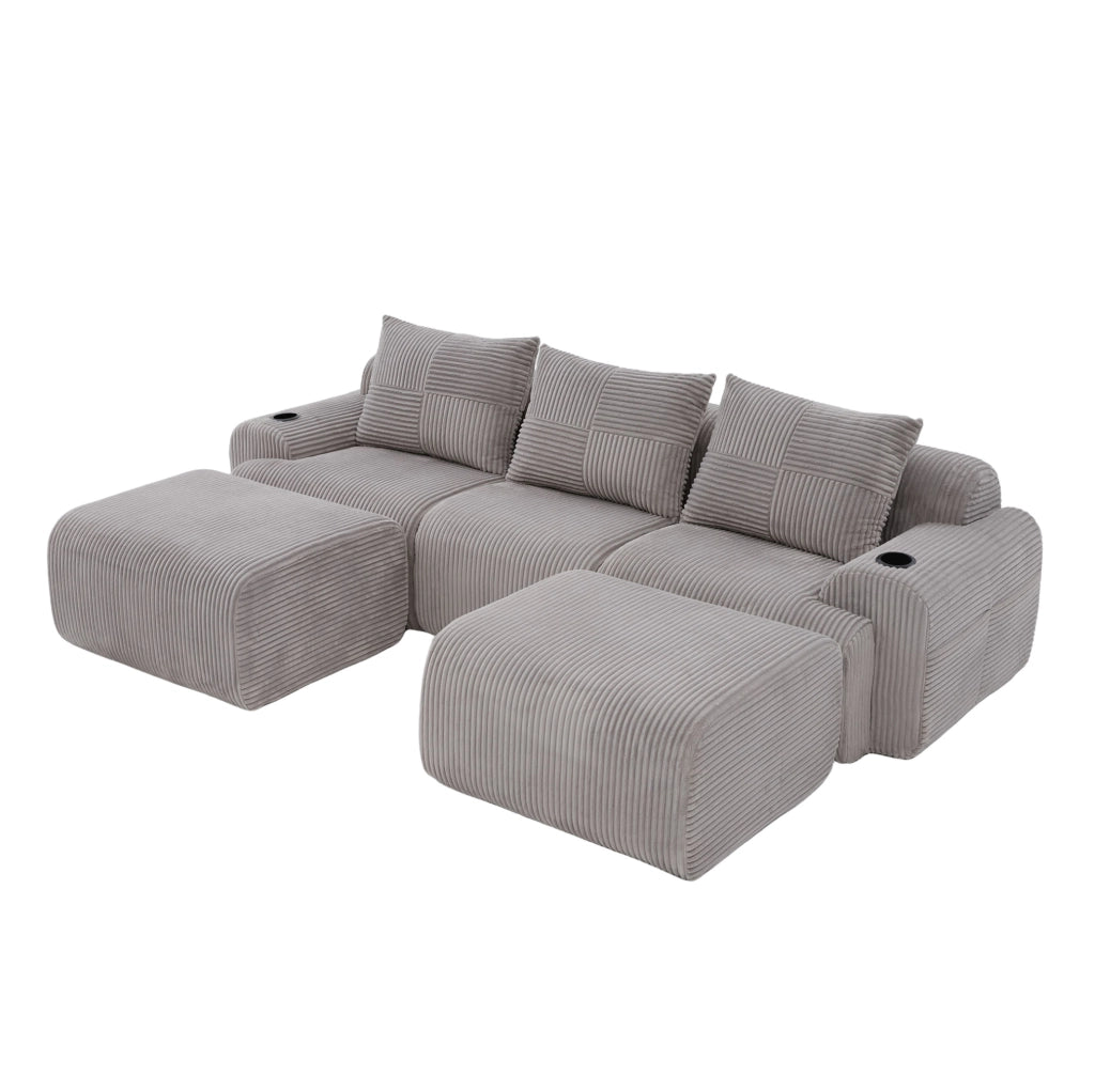 Divano modulare 3 posti in velluto a coste grigio chiaro con 2 pouf e portabevande integrato