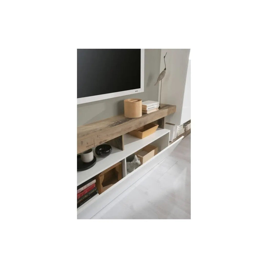 Set mobili da salotto con contenitori, collezione BURA, lunghezza 219 cm, bianco laccato/quercia cadiz