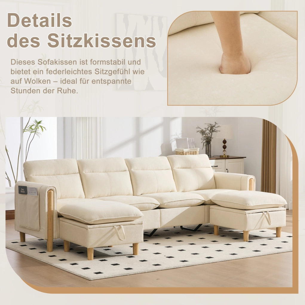 Divano modulare a U con 2 pouf contenitore; 261 cm; in chenille beige