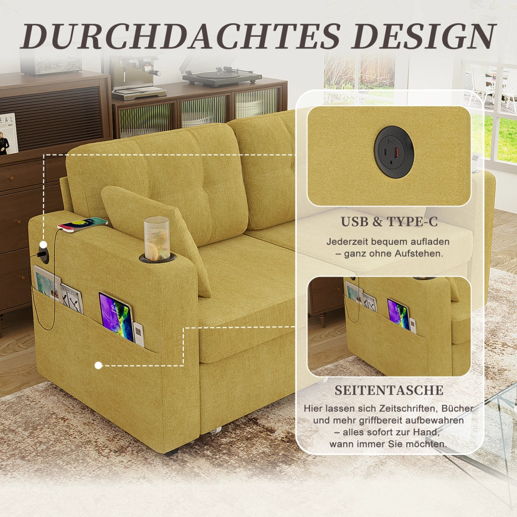 Divano dritto 2 posti con due cassetti contenitore; porte USB; portabicchieri e tasche laterali; in chenille; giallo senape; 172 Ã— 75 Ã— 82 cm