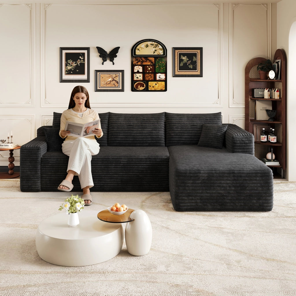 Divano angolare in tessuto a coste con seduta profonda e montaggio rapido per soggiorno nero 241 × 151 × 58 cm