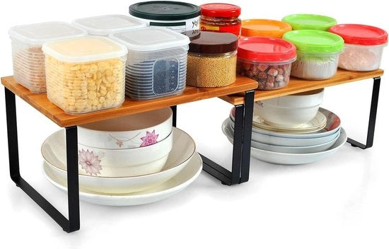 Organizzatore per cucina in bambù 4 pezzi - Contenitore per spezie espandibile e stivabile - Mobile per cucina, bagno e soggiorno in nero