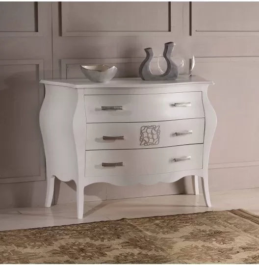 ComÒ bomabato laccato bianco con decori argento 118x50x85 - Mobili 2G