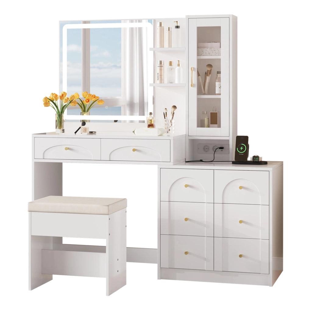 Tavolo da toeletta 131.5x40x140 cm con specchio LED; 8 cassetti e hocker; MDF e vetro; bianco