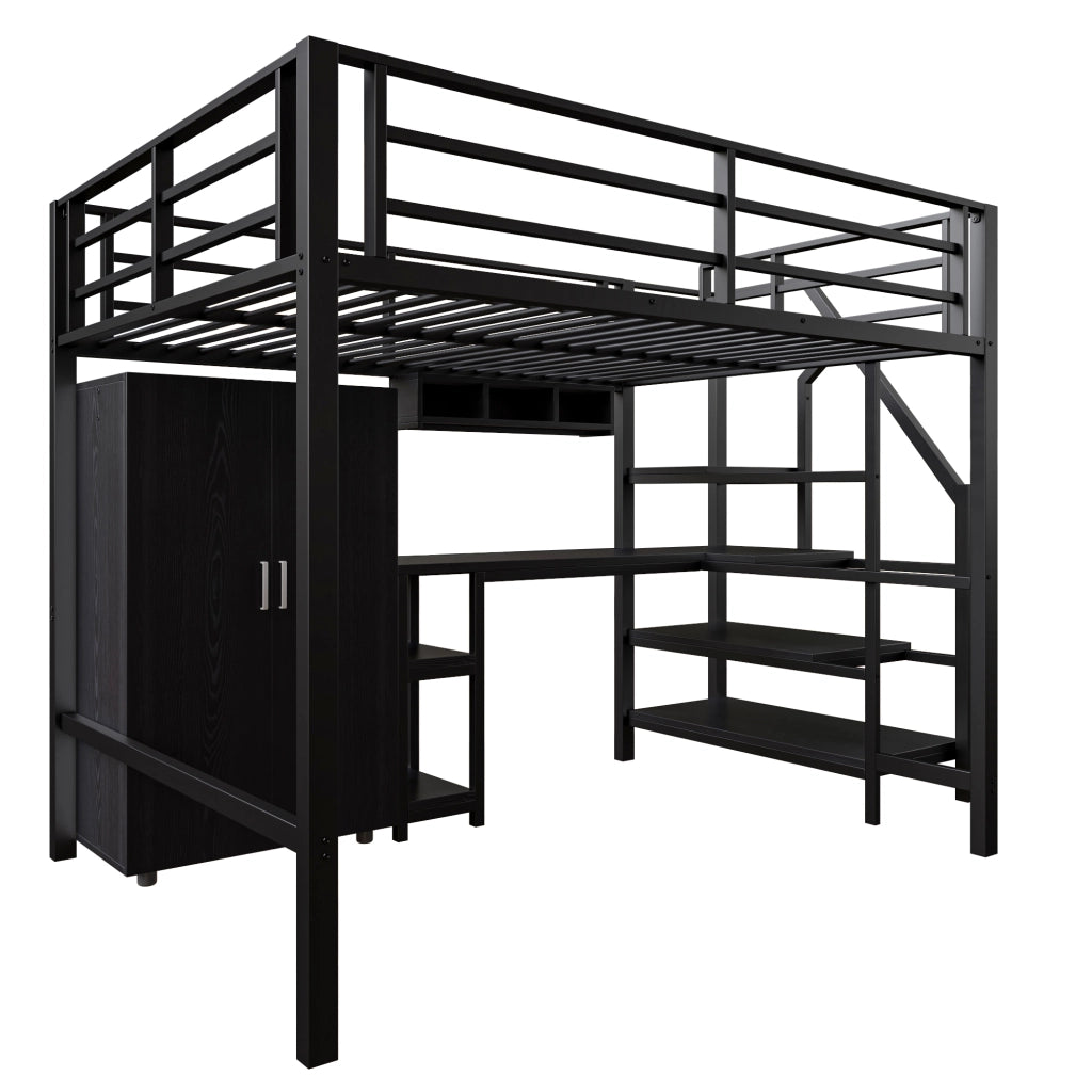Letto a castello nero in metallo con scrivania armadio e scaffali 140x200 cm