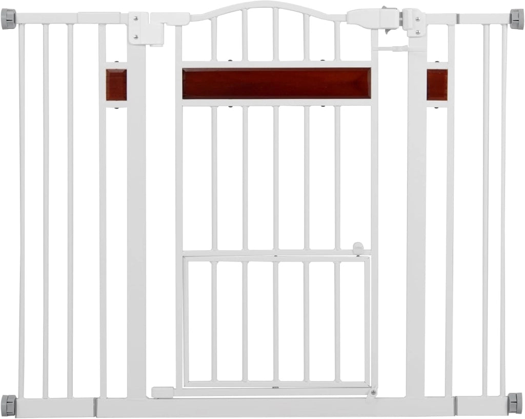Cancelletto per Cani per Aperture 74-104 cm, Cancello per Cani con Porta Piccola, 2 Estensioni e Doppio Blocco, Cancelletto in Metallo da Interno per Cucina, Scale e Soggiorno (Bianco)