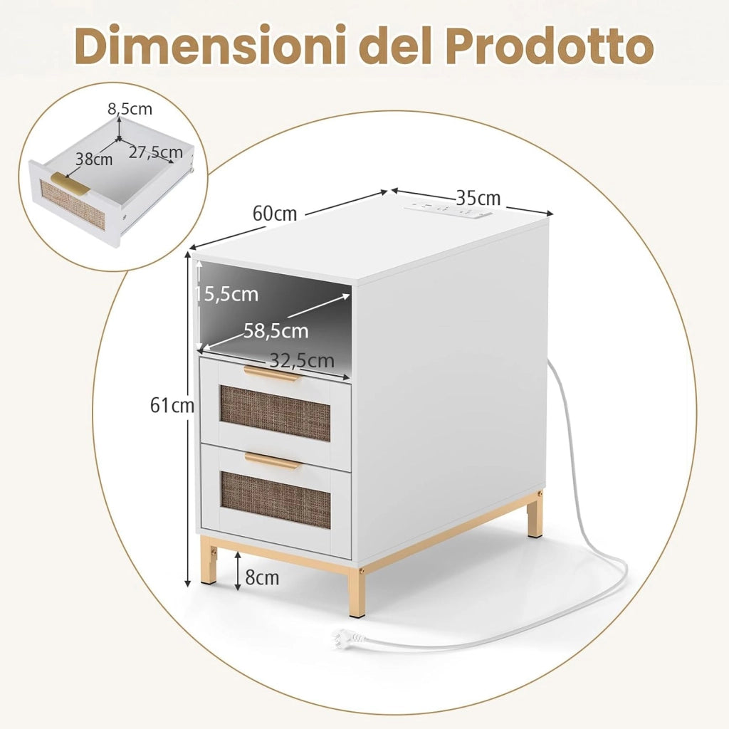 Comodino con Stazione di Ricarica Integrata, Tavolino da Notte Stile Boho in Rattan, 2 Cassetti & Ripiano Aperto, Piedini in Metallo Robusti, Mobiletto per Camera da Letto (Bianco,1)