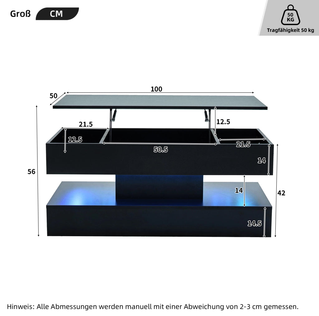 Tavolino da caffè 100x50x42 cm con piano sollevabile; LED integrata e vano nascosto in truciolare nero
