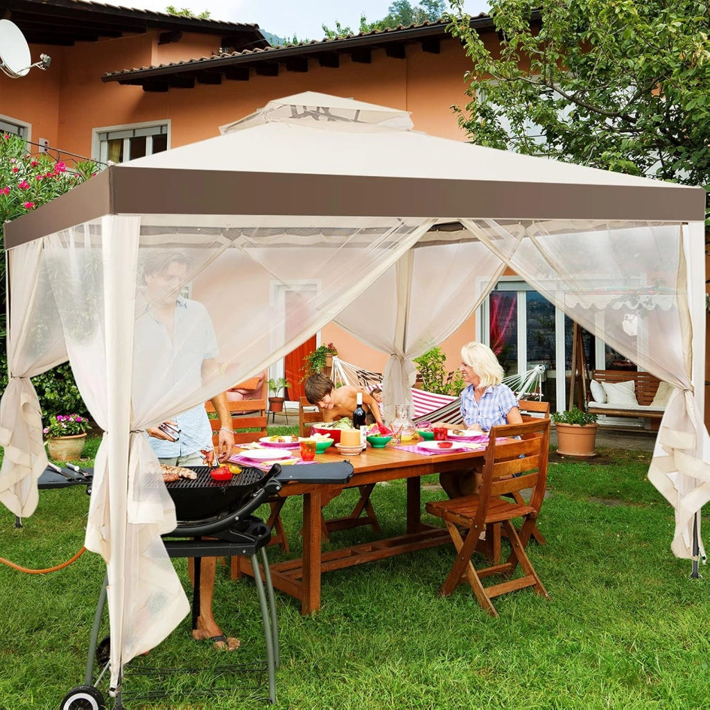 3 x 3M Gazebo da Giardino, con Tetto e Tende di Struttura in Acciaio, 4 Tende Laterali, Ventilazione e Zanzariere, Traspirante e Comodo per Parco/Giardino/Balcone, 2 Colori (beige)