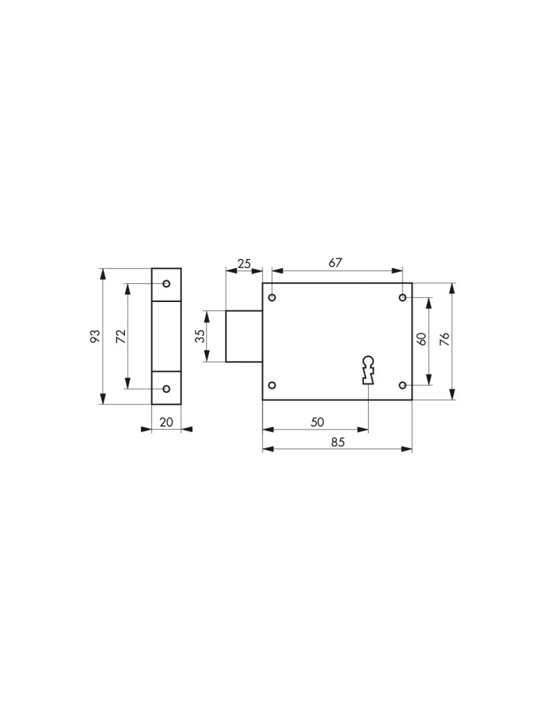 Serratura orizzontale con chiave per porta di cantina, solo catenaccio, sinistra, asse 50mm, 85x76mm, nero, 1 chiave - THIRARD
