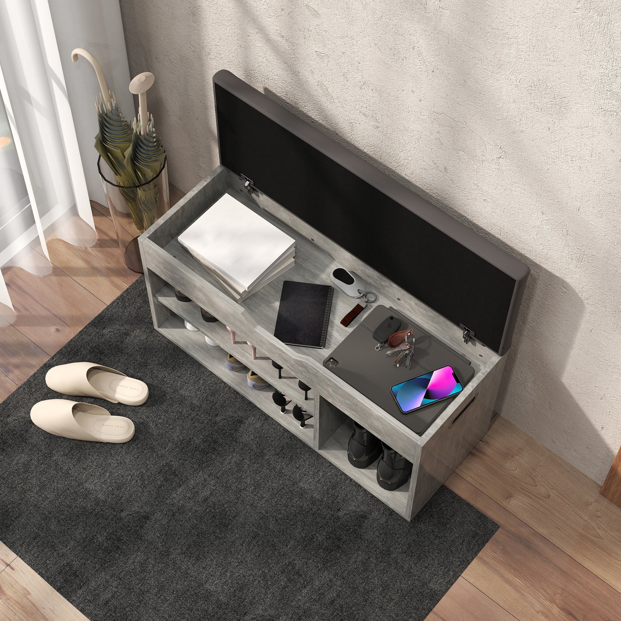 Panca Scarpiera Salvaspazioni con Vani a Giorno e a Scomparsa 80x30x45 cm Nero e Grigio