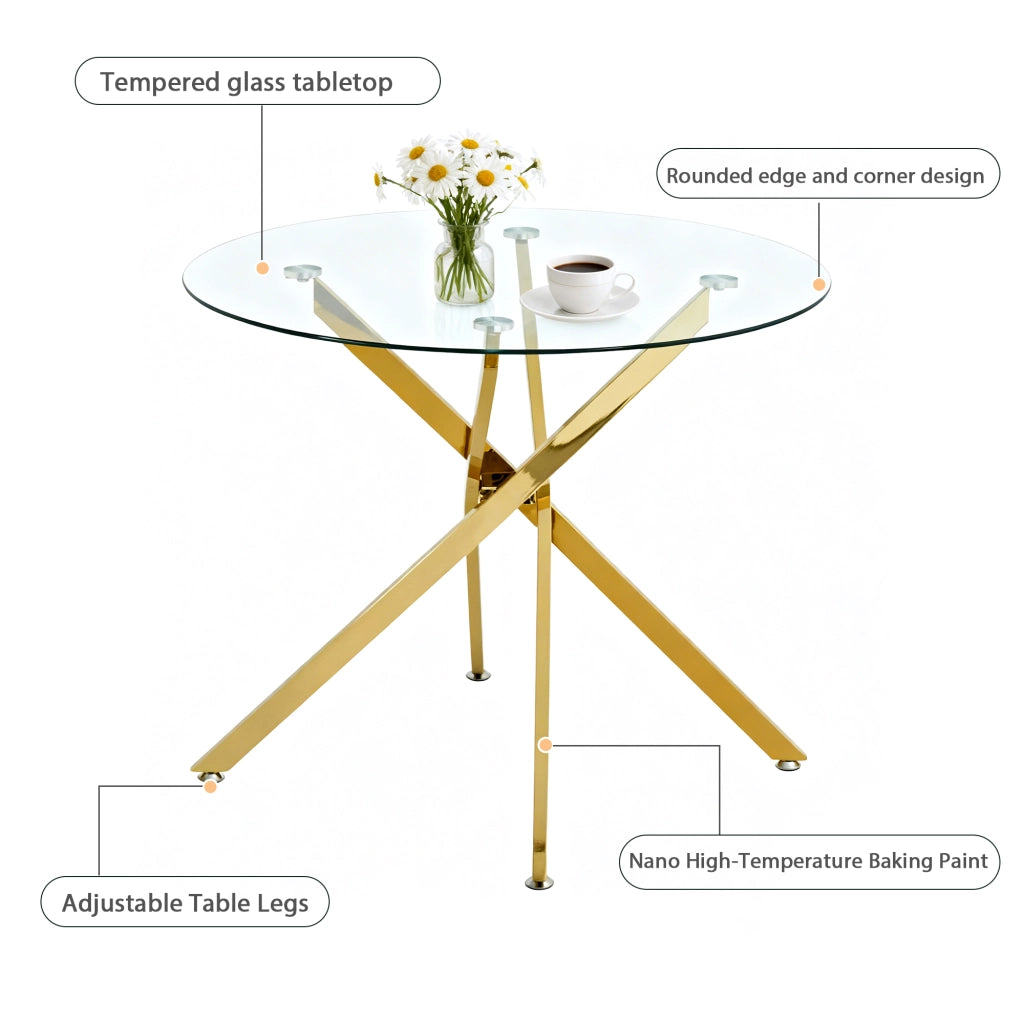Tavolo da Pranzo Rotondo per 2 a 4 Persone con Base a Croce e Piedini Regolabili in Vetro e Metallo Oro 80 x 80 x 76 cm