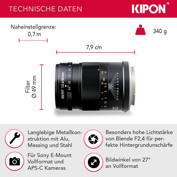 Kipon 90 mm / F2,4 per Iberit su Sony E