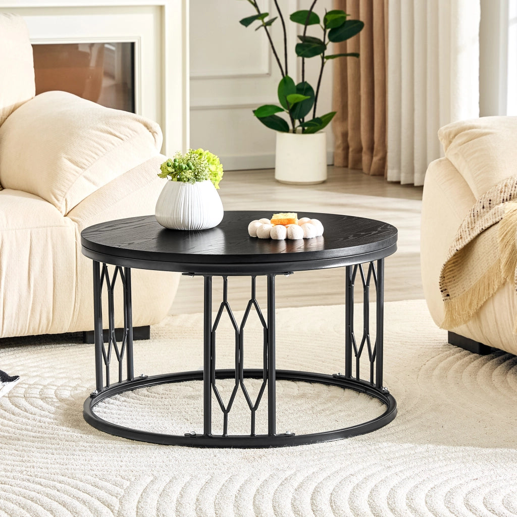 Tavolino basso rotondo in MDF con piano effetto legno e struttura in metallo per soggiorno nero Ø 70 × 40,5 cm