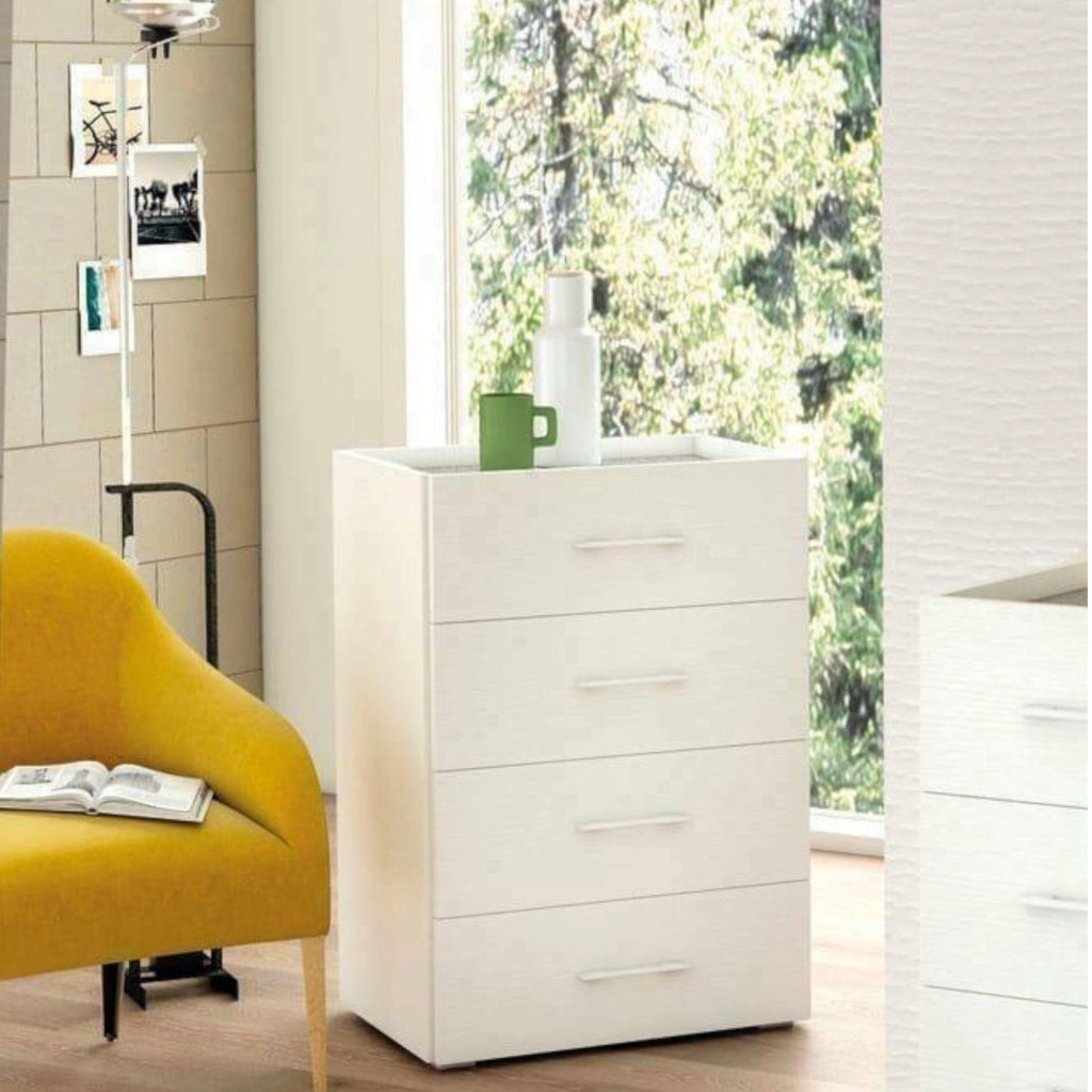 Cassettiera Solano, Settimanale a 4 cassetti per camera da letto, Mobiletto multiuso da ufficio o studio, Cm 60x41h87, Bianco