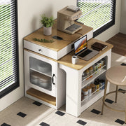 Tavolo allungabile 80x71~111~151x92 cm con prese integrate; MDF e vetro; bianco e naturale