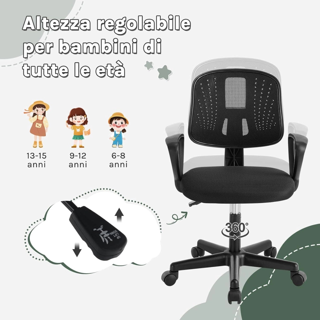 Sedia da Scrivania per Bambini, Sedia da Studio Girevole, Sedie Ergonomica con Ruote, Tessuto a Rete Traspirante, Sgabello Girevole con Schienale Regolabile Automaticamente, Nero, K0003BS