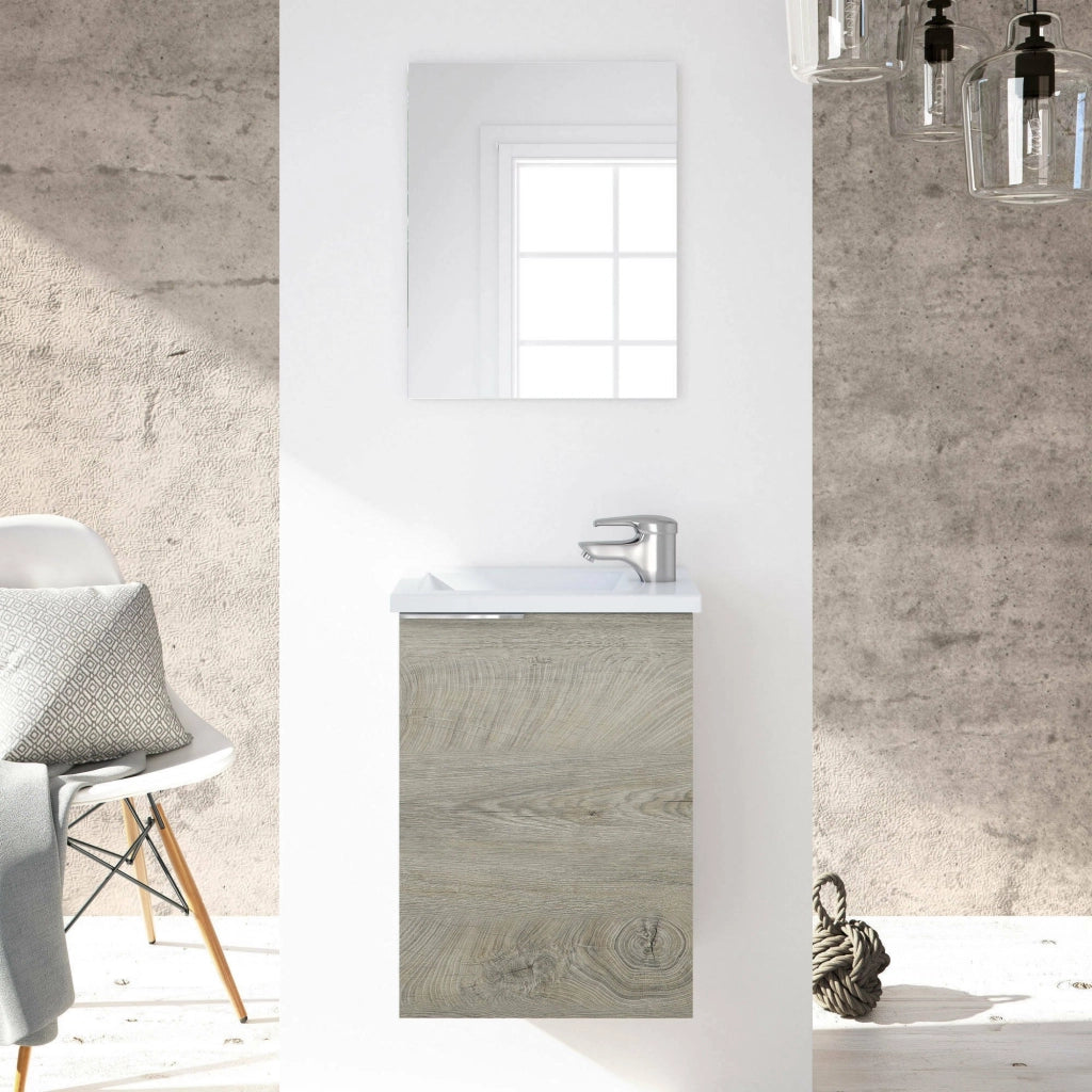 Mobile sottolavabo Akamaru, Mobiletto per bagno sospeso, Armadio a 1 anta e specchio, cm 40x22h58, Rovere