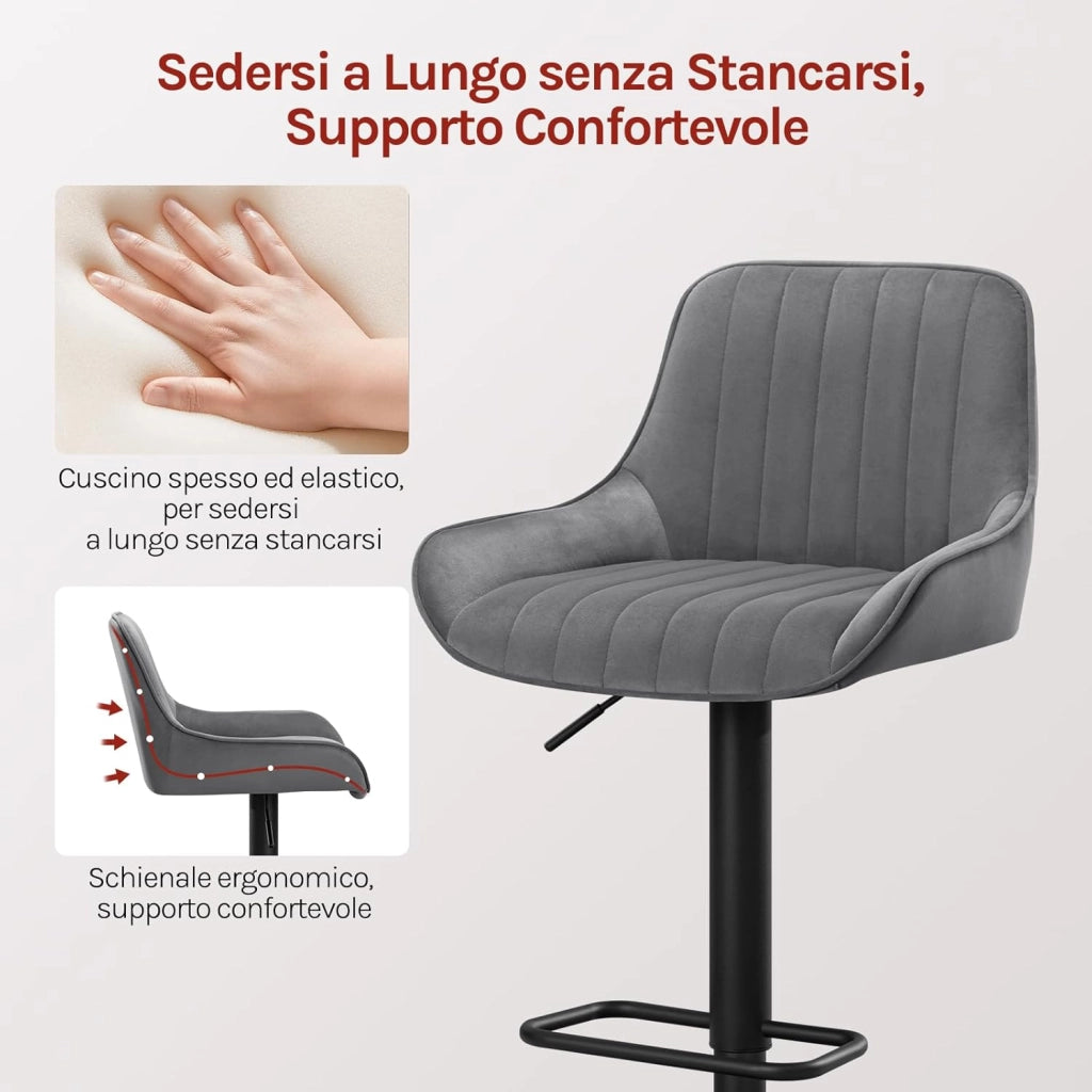 Sgabelli Cucina Set di 2 con Schienale e Braccioli, Sedie da Bar Girevoli, Altezza Regolabile, in Velluto di Latte, per Cucina, Bar, Ristorante, Grigio Scuro