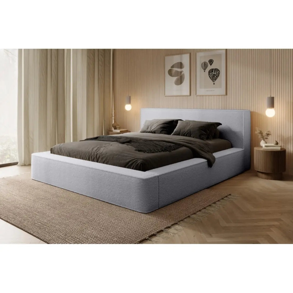 Letto contenitore VELORA – Grigio perla bouclé – 180x200 cm – Tessuto velluto morbido – Rete sollevabile – Spazio di stoccaggio integrato