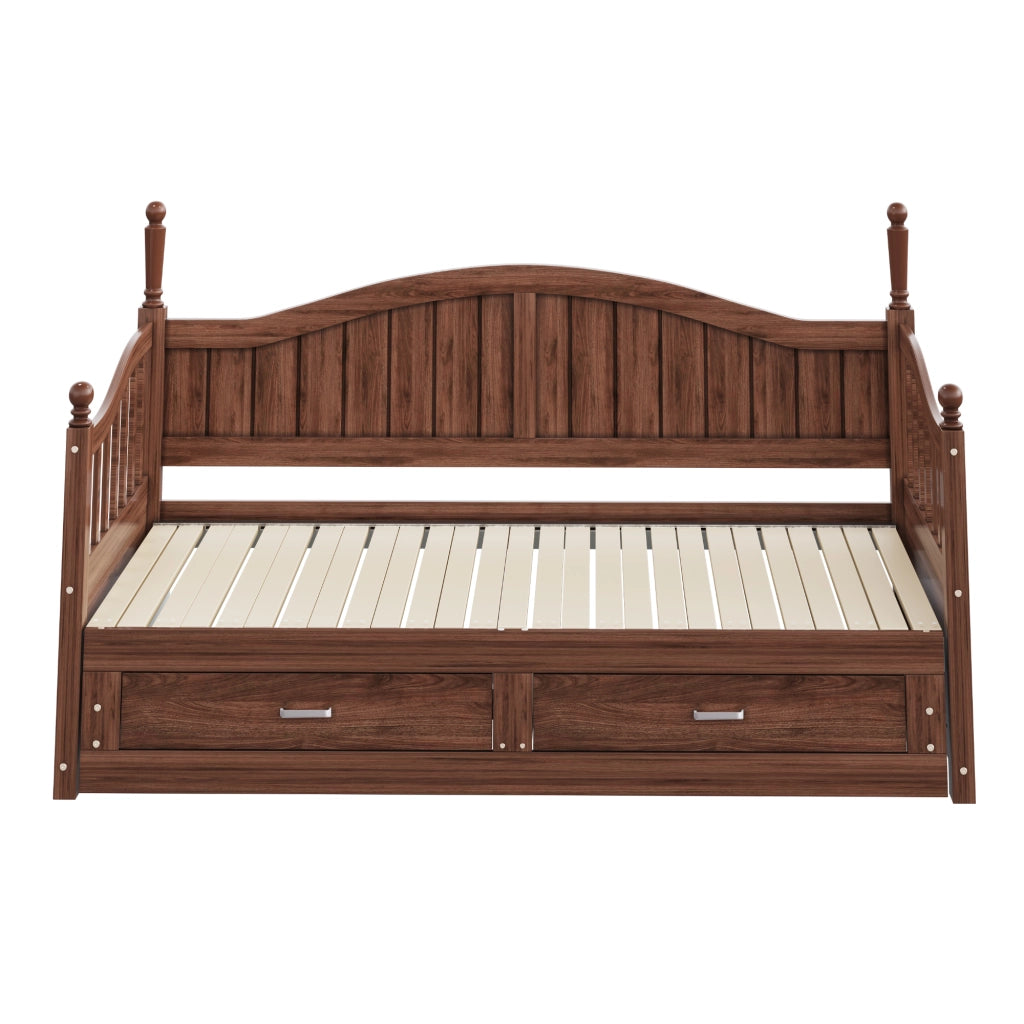 Letto estraibile matrimoniale 90×190 cm e 180×190 cm con 2 cassetti e rete; senza materasso; legno; noce