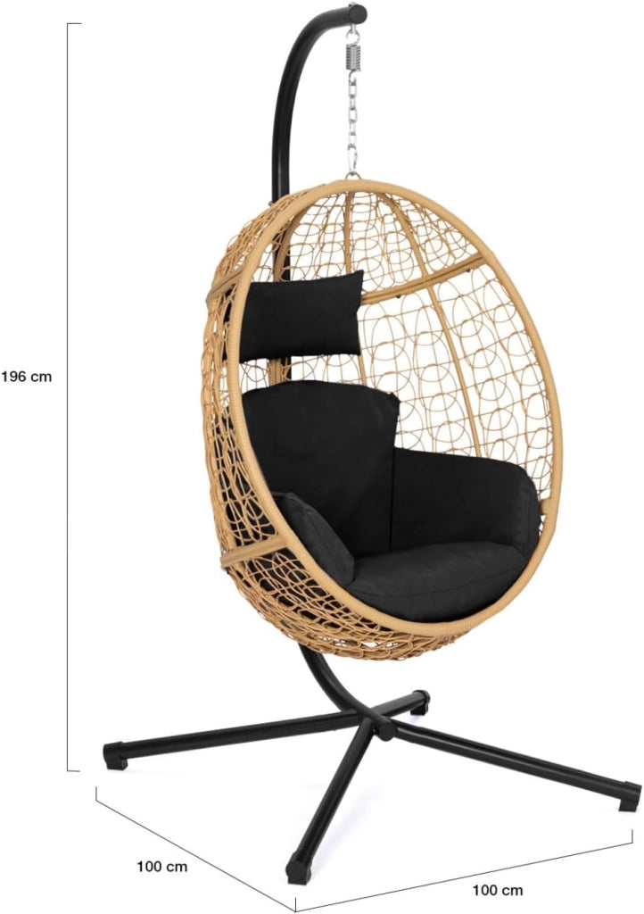 Poltrona sospesa a Forma di Uovo in Rattan Traforato con Cuscino Nero