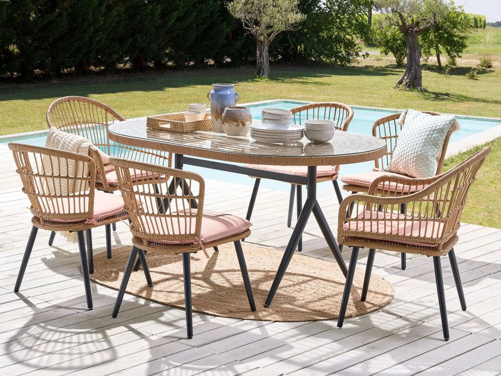 Set da giardino 6 posti in rattan sedie con cuscini di colore rosa e tavolo in vetro giardino terrazzo stile boho