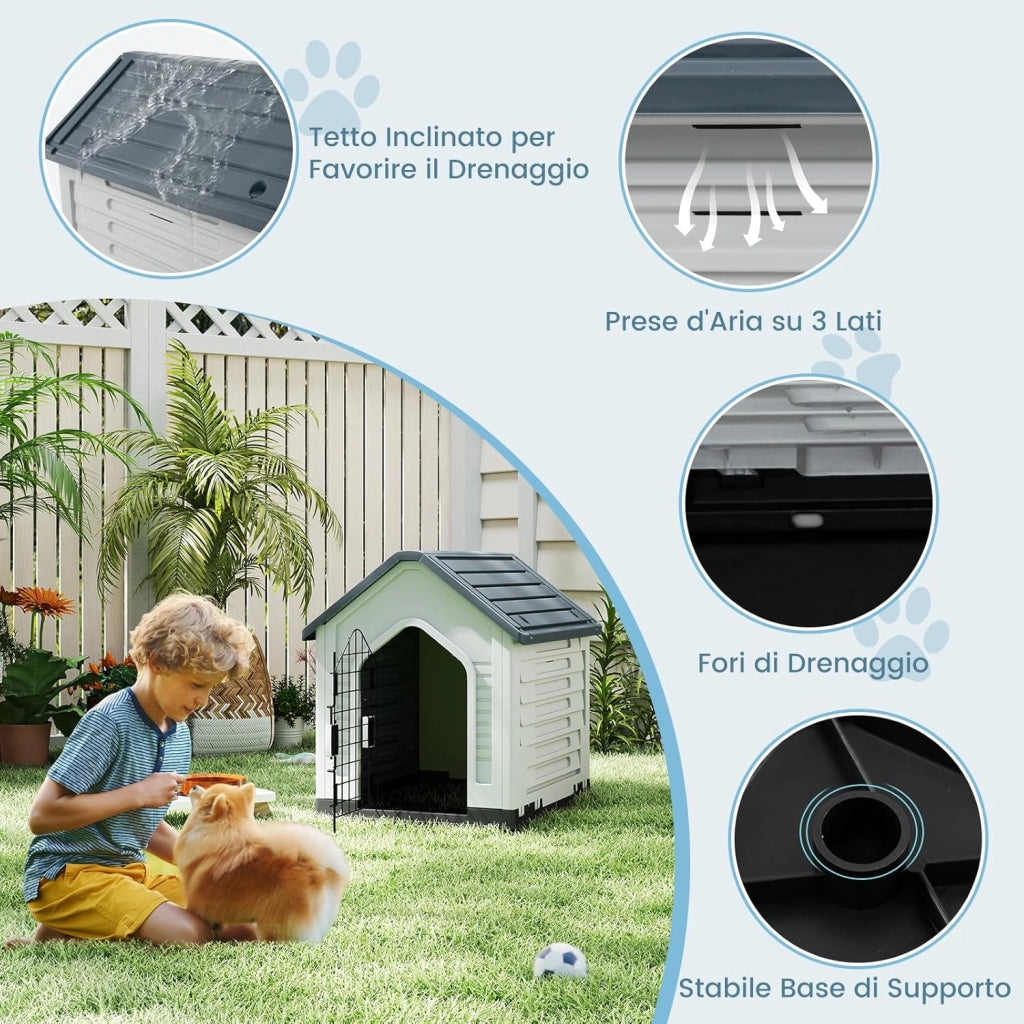 Cuccia per Cani da Esterno ed Interno, Cassetta per Cani Impermeabile con Porta in Metallo Bloccabile e Prese d'aria e Tetto Spiovente, Cucce per Cuccioli per Casa, 66,5 x 52 x 60 cm (Grigio)