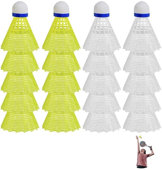 Impianti da badminton 24 pezzi - Nylon - Sostenibile - Attività ricreativa - Interno/Esterno - Giallo/Bianco - Adatto a tutte le età - Palloni da badminton