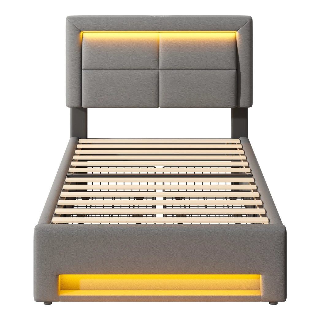 Letto imbottito 90x200 cm con LED; ricarica USB cablata e wireless; 4 cassetti; similpelle grigia