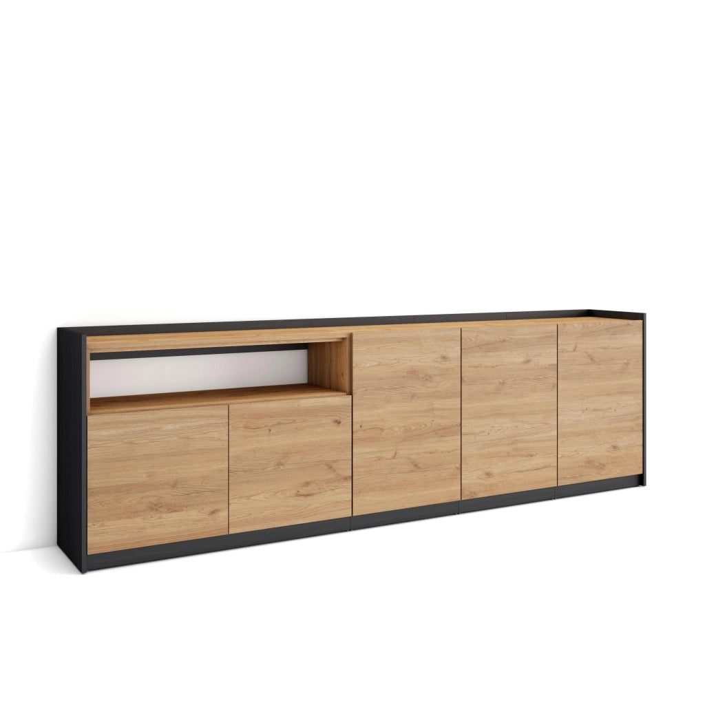 Credenza, Mobile, Cucina, 260x80x37 cm, 5 Porte, grande stoccaggio, Rovere e nero